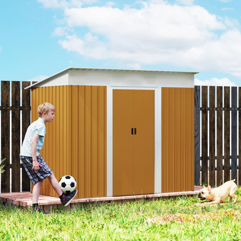 7' x 4' Outdoor Storage Shed, Metal Garden Tool Storage House Organizer with Lockable Sliding Doors and Vents for Backyard Patio Lawn, Yellow