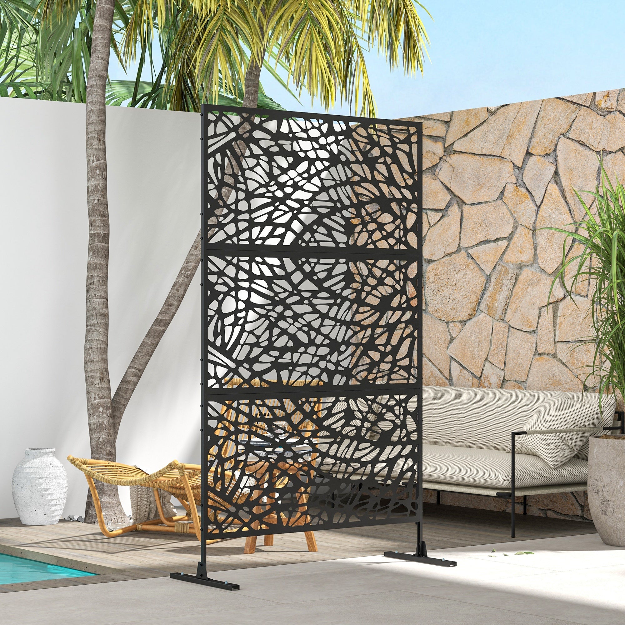 Outsunny 6.5FT Metal Outdoor Privacy Screen Divider with Stand Twisted Line Design Black