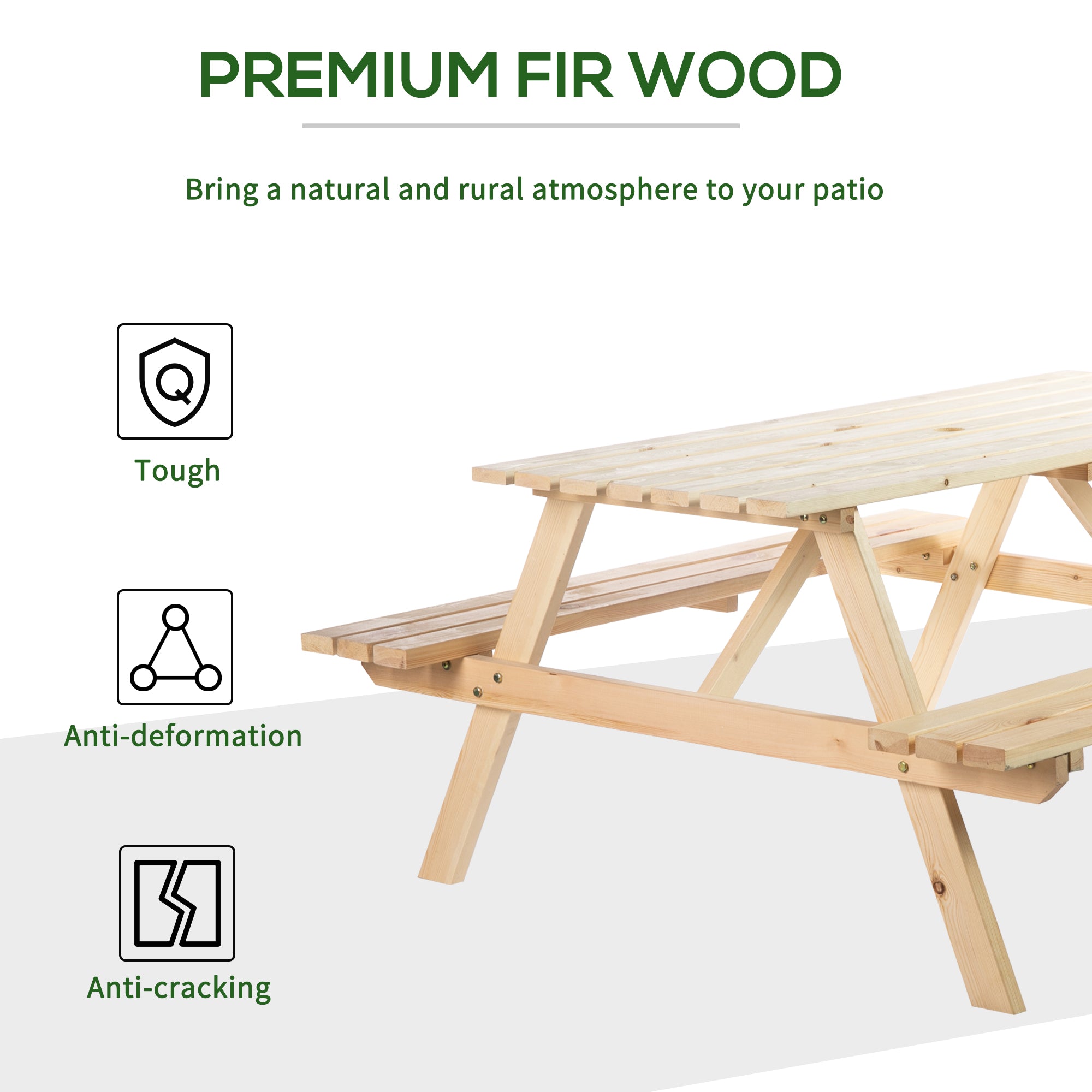 Outsunny Wood Picnic Table, Camping Table and Bench Set with Umbrella Hole for Outdoor, Garden, Patio, Backyard, Natural