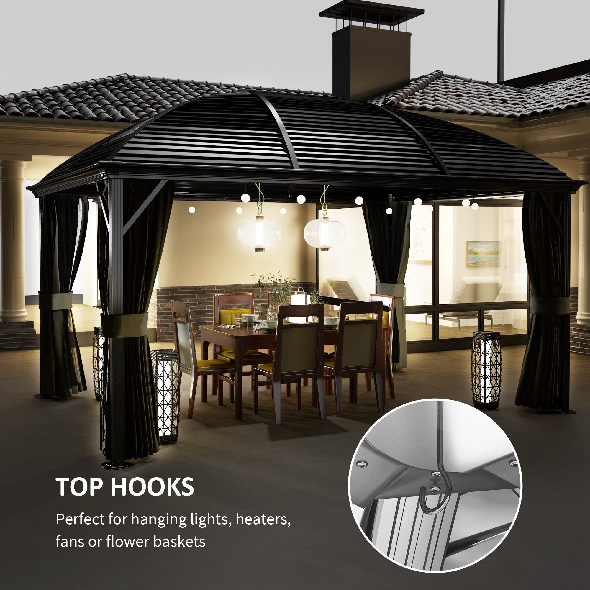 Outsunny 10' x 13' Hardtop Gazebo Aluminum Outdoor Canopy with Mesh Nettings, Curtains, Dark Grey
