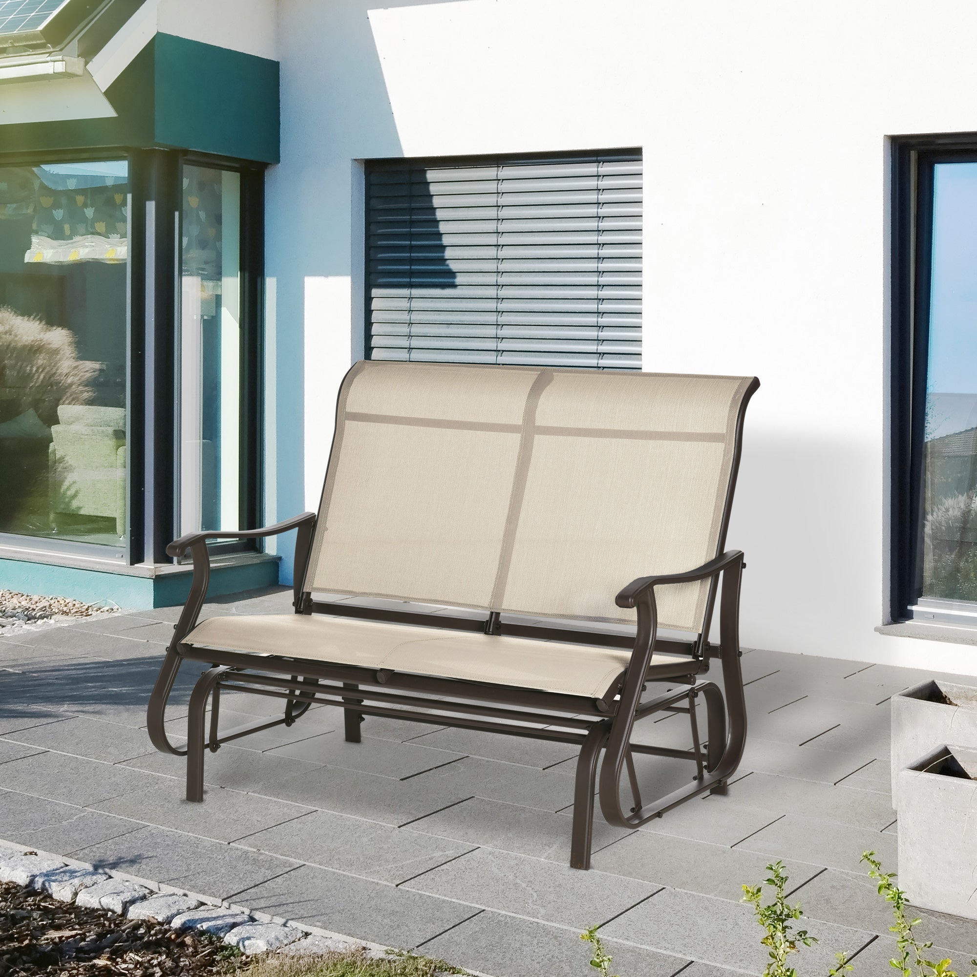 Outsunny Garden Double Gliding Chair, Patio Glider Armchair for Outdoor, Backyard Mesh Seat and Backrest, Steel Frame, Khaki