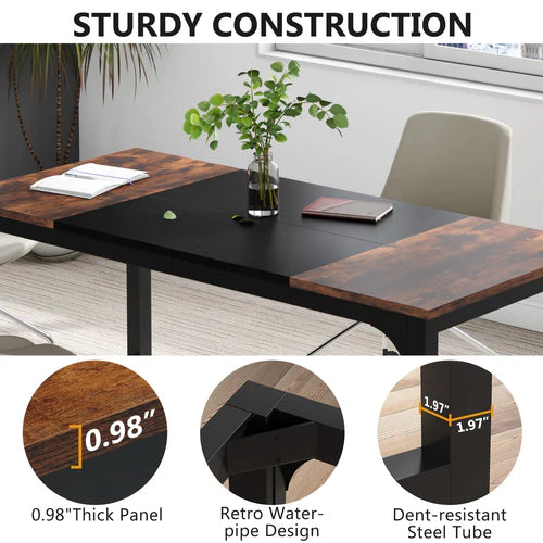 Conference Table 70.86" Rectangular Meeting Table Computer Desk with Metal Frame and Scratch Resistant Surface Rustic Brown & Black