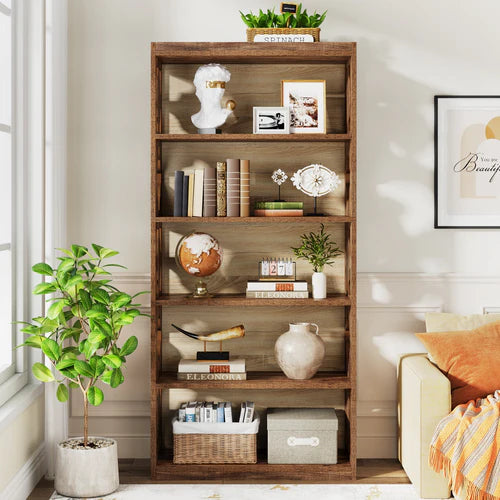 Bookshelf 70" 6-Tier Wood Bookcase with Storage Shelves and Rhombus Pattern Design for Living Room Office Bedroom