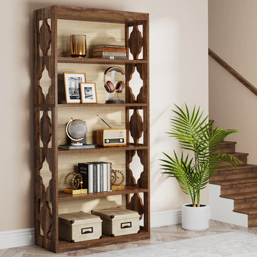 Bookshelf 70" 6-Tier Wood Bookcase with Storage Shelves and Rhombus Pattern Design for Living Room Office Bedroom