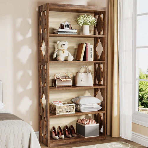 Bookshelf 70" 6-Tier Wood Bookcase with Storage Shelves and Rhombus Pattern Design for Living Room Office Bedroom