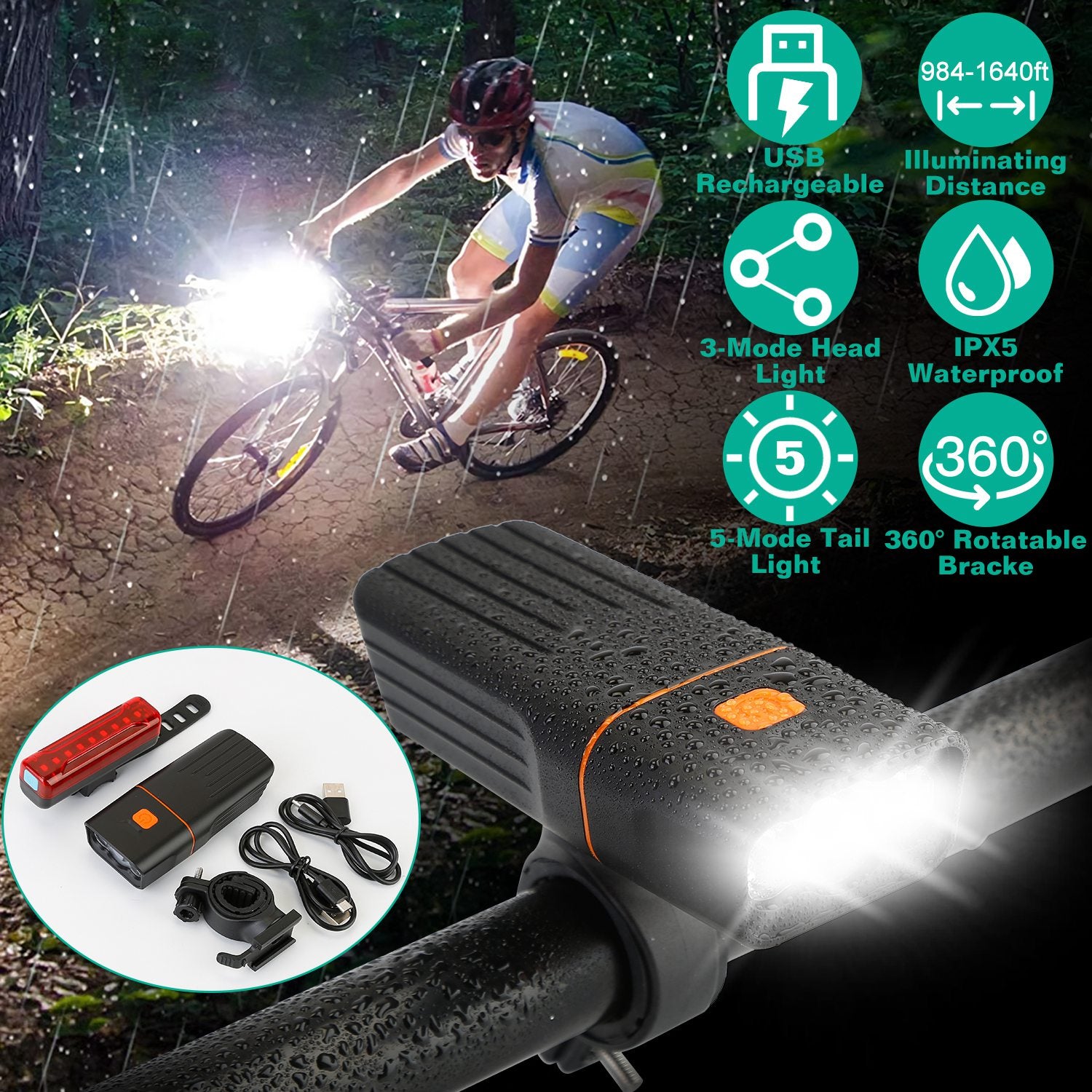 Super Bright Bike Light Set USB Rechargeable Headlight Taillight Set Waterproof LED Bicycle Front and Rear Lights for Night Riding Cycling