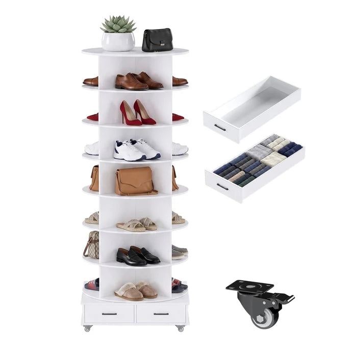 AECOJOY 8-Tier Rotating Shoe Rack with 2 Drawers & 4 Lockable Casters