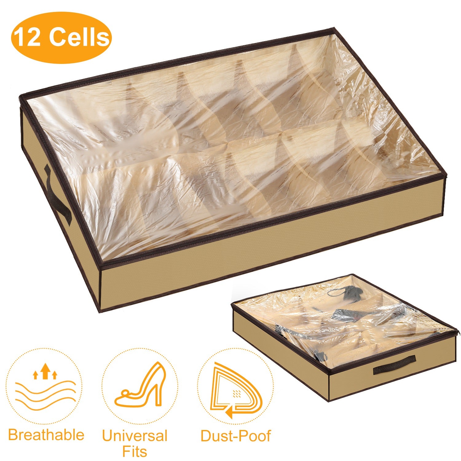 12 Cells Under Bed Shoes Organizer Shoes Container Box Holder with Front Zipper Clear Cover Breathable Foldable Closet Shoes Bag