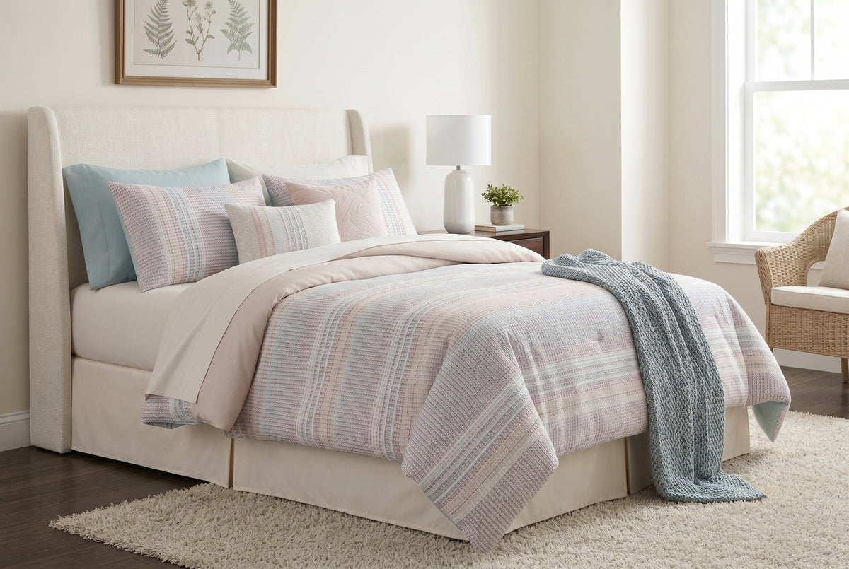 Comforter Set Queen, 7-Piece Printed Stripe, Ivory with Grey and Blush – Chelsea