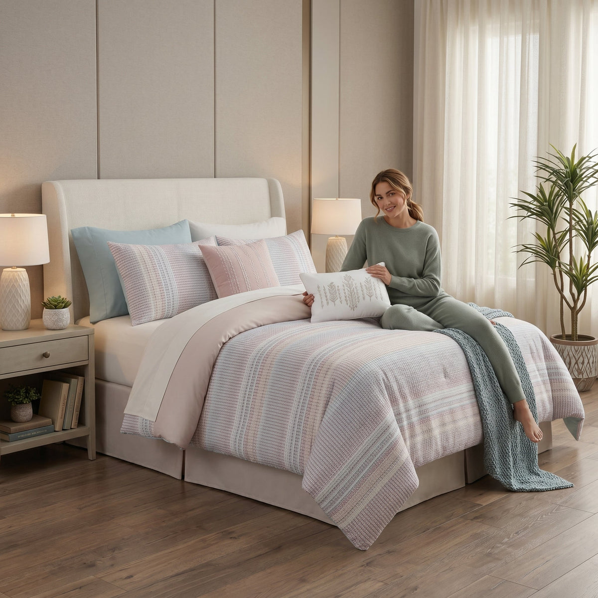 Comforter Set Queen, 7-Piece Printed Stripe, Ivory with Grey and Blush – Chelsea