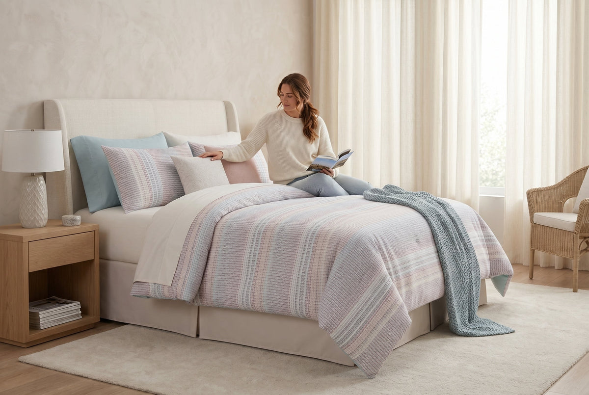 Comforter Set King, 7-Piece Printed Stripe, Ivory with Grey and Blush – Chelsea