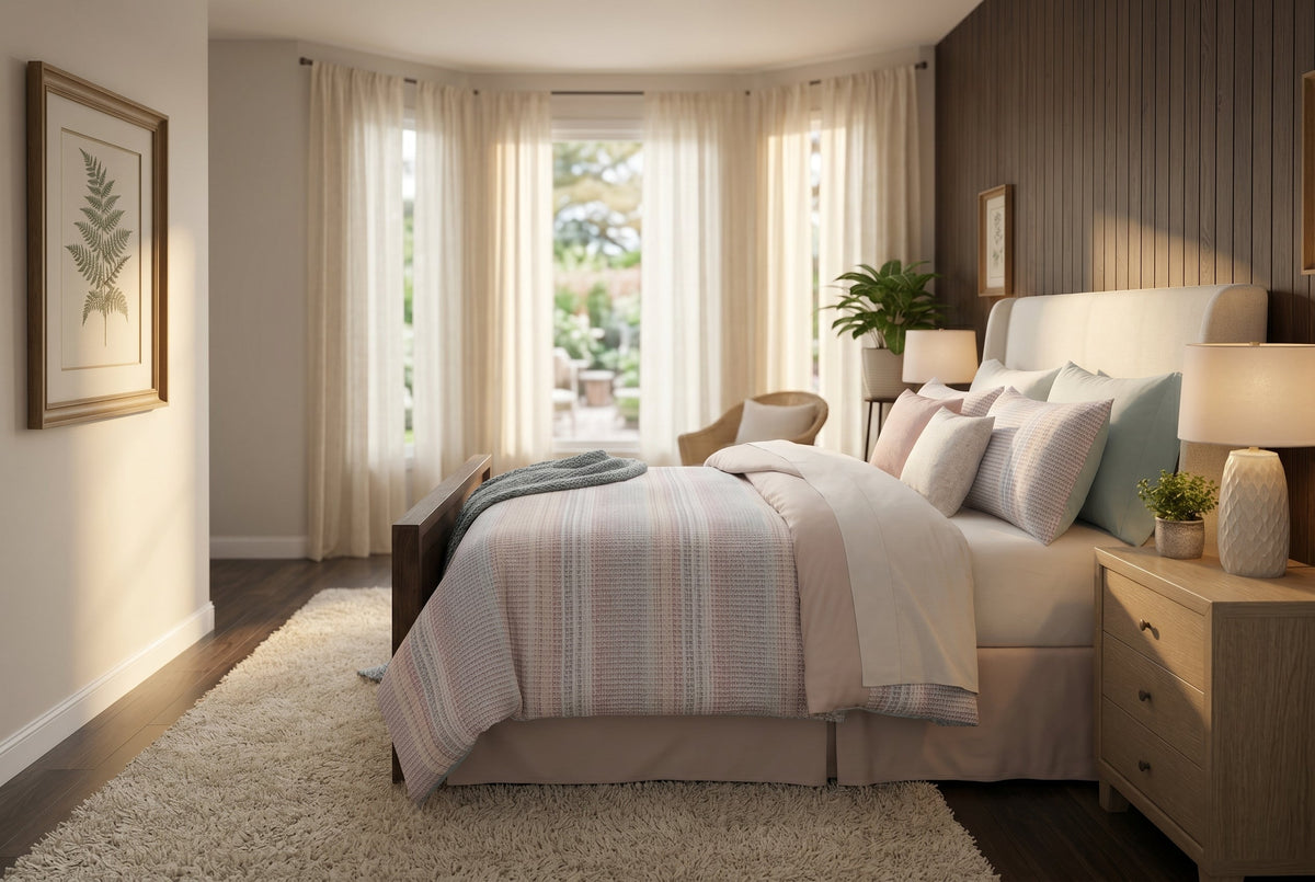 Comforter Set King, 7-Piece Printed Stripe, Ivory with Grey and Blush – Chelsea