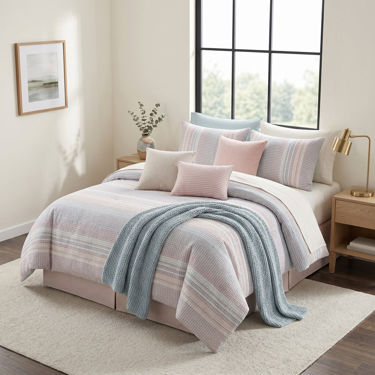 Comforter Set King, 7-Piece Printed Stripe, Ivory with Grey and Blush – Chelsea