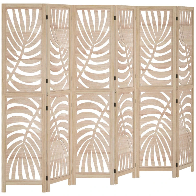 6 Panel Room Divider, Detachable Folding Privacy Screens with Palm Leaf Design for Home Office, Natural Wood