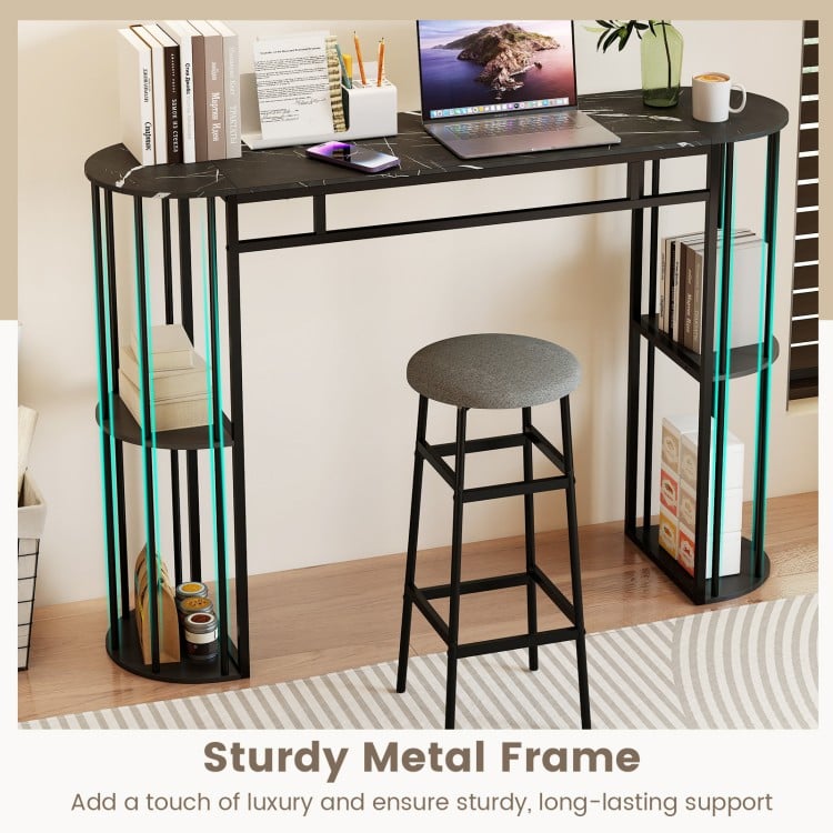 60 Inch Long Bar Table Narrow with Faux Marble Tabletop and Storage Shelves-Black