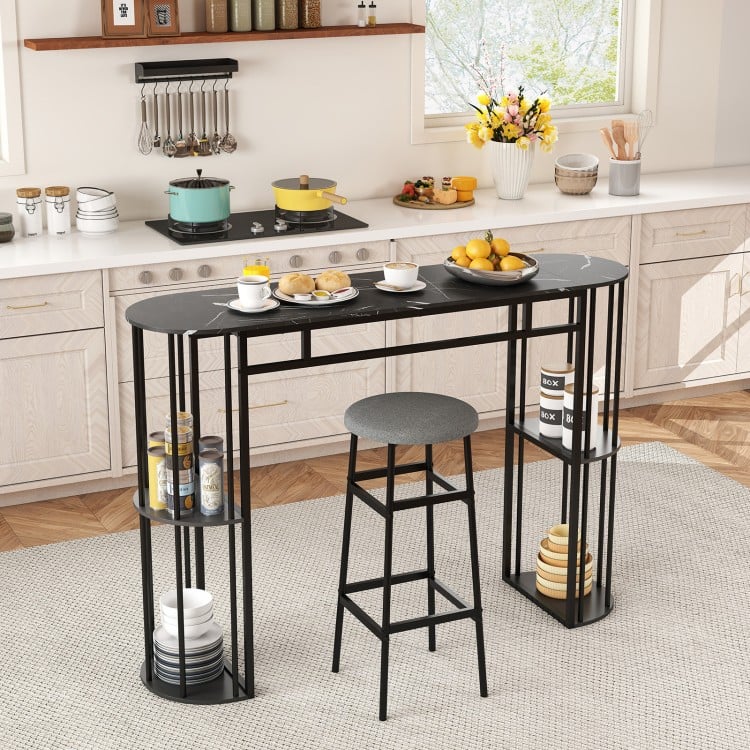 60 Inch Long Bar Table Narrow with Faux Marble Tabletop and Storage Shelves-Black