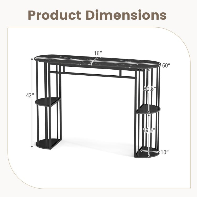 60 Inch Long Bar Table Narrow with Faux Marble Tabletop and Storage Shelves-Black