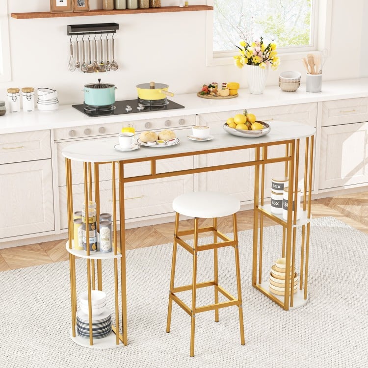 60 Inch Long Bar Table Narrow with Faux Marble Tabletop and Storage Shelves-White