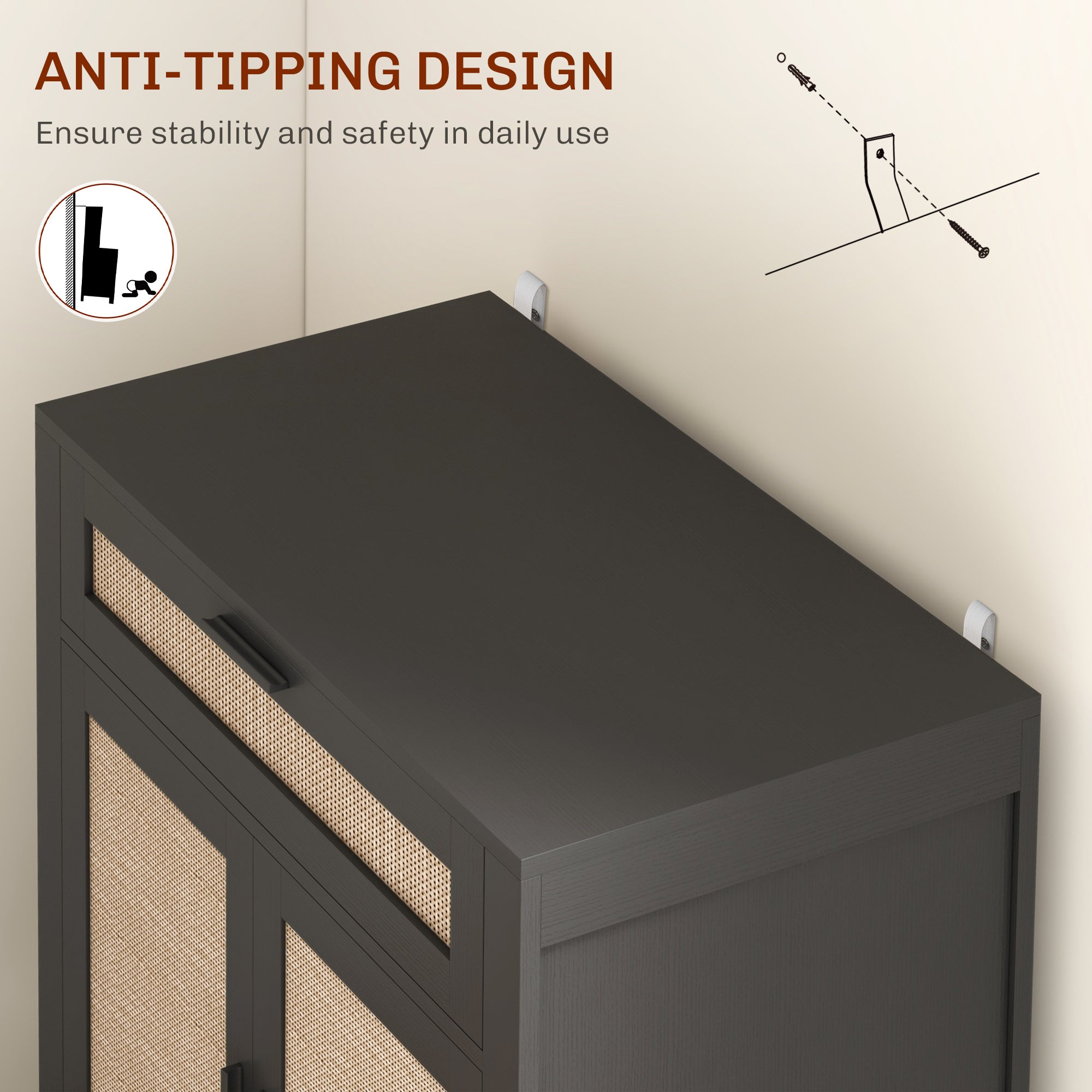 HOMCOM Kitchen Buffet Cabinet Boho Storage Cabinet 2 Rattan Decorated Doors Drawer Dining Room Black