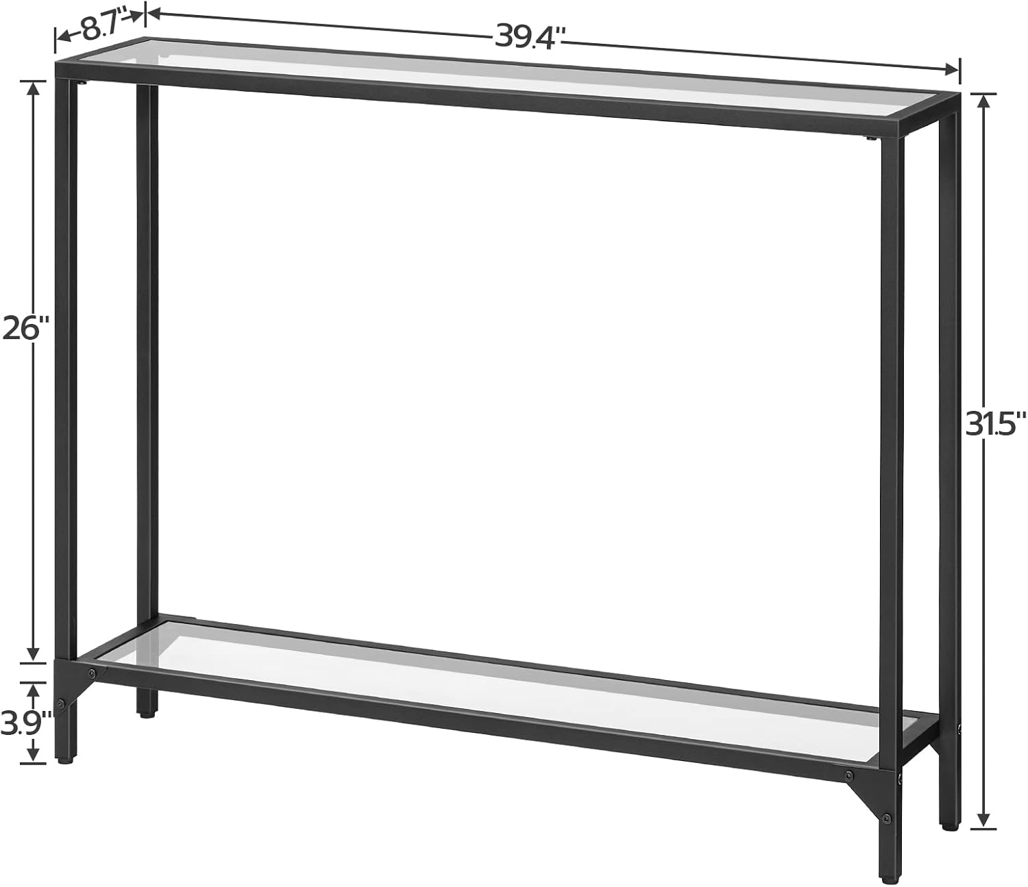 HOOBRO 39.4" Narrow Tempered Glass Console Table, 2-Tier Modern Sofa & Entryway Table with Metal Frame, Black BK04XG01