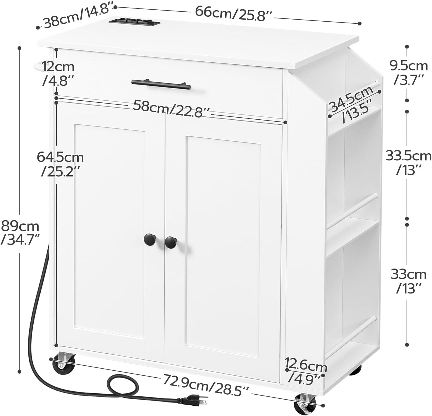 HOOBRO Kitchen Island Cart with Power Outlet, Storage Cabinet, Drawer & Spice Rack, Rolling Kitchen Cart on Wheels, White