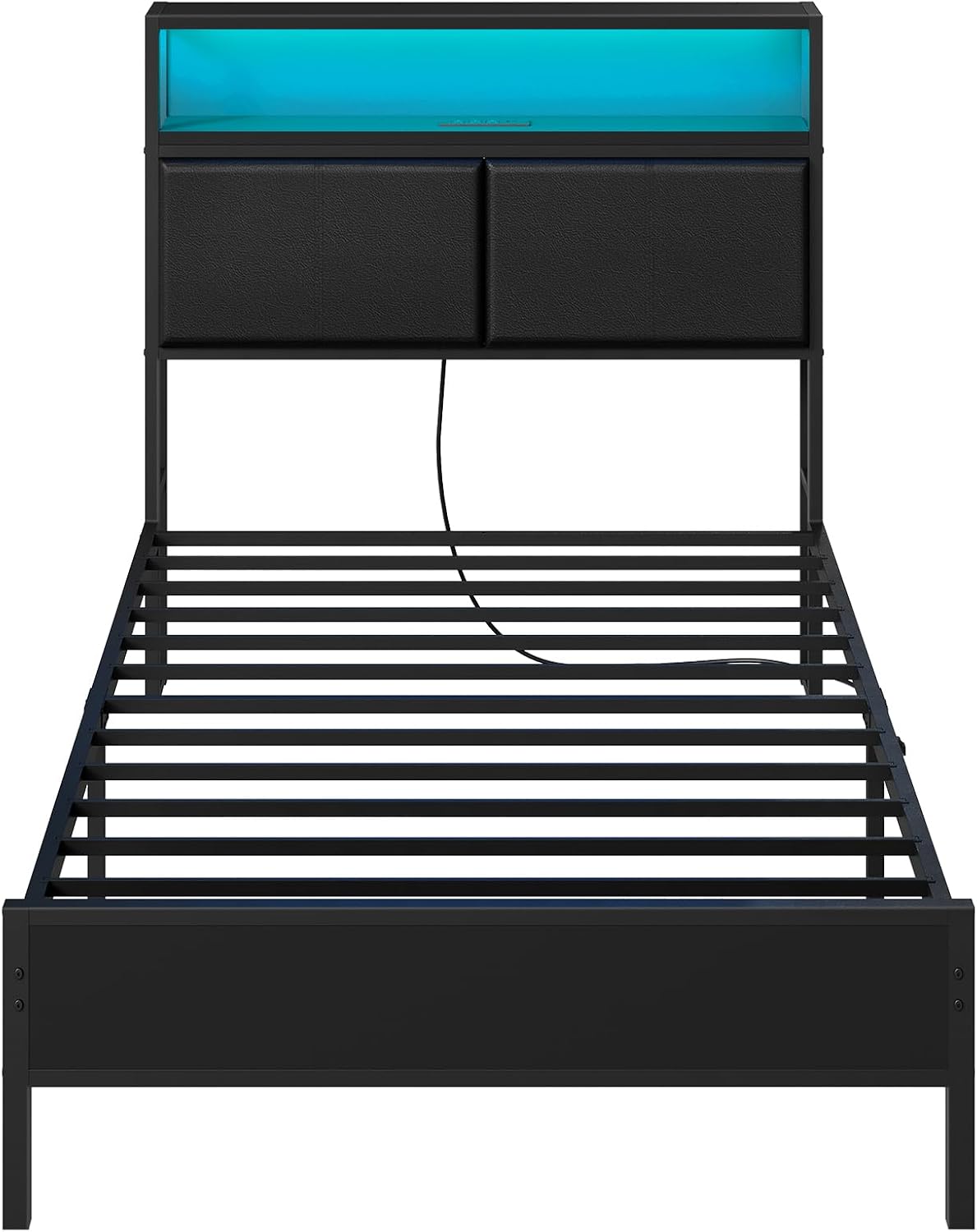 HOOBRO Twin Bed Frame with Storage Headboard, Charging Station & 16-Color LED Lights, Black