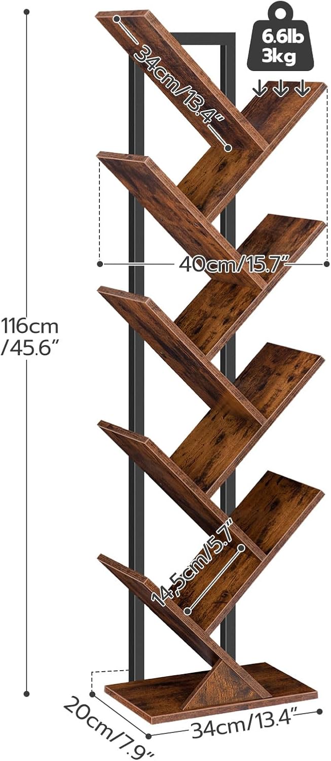 HOOBRO 9-Tier Tree Bookshelf, Freestanding Wooden Bookcase Storage Rack, Rustic Brown BF08SJ01G1