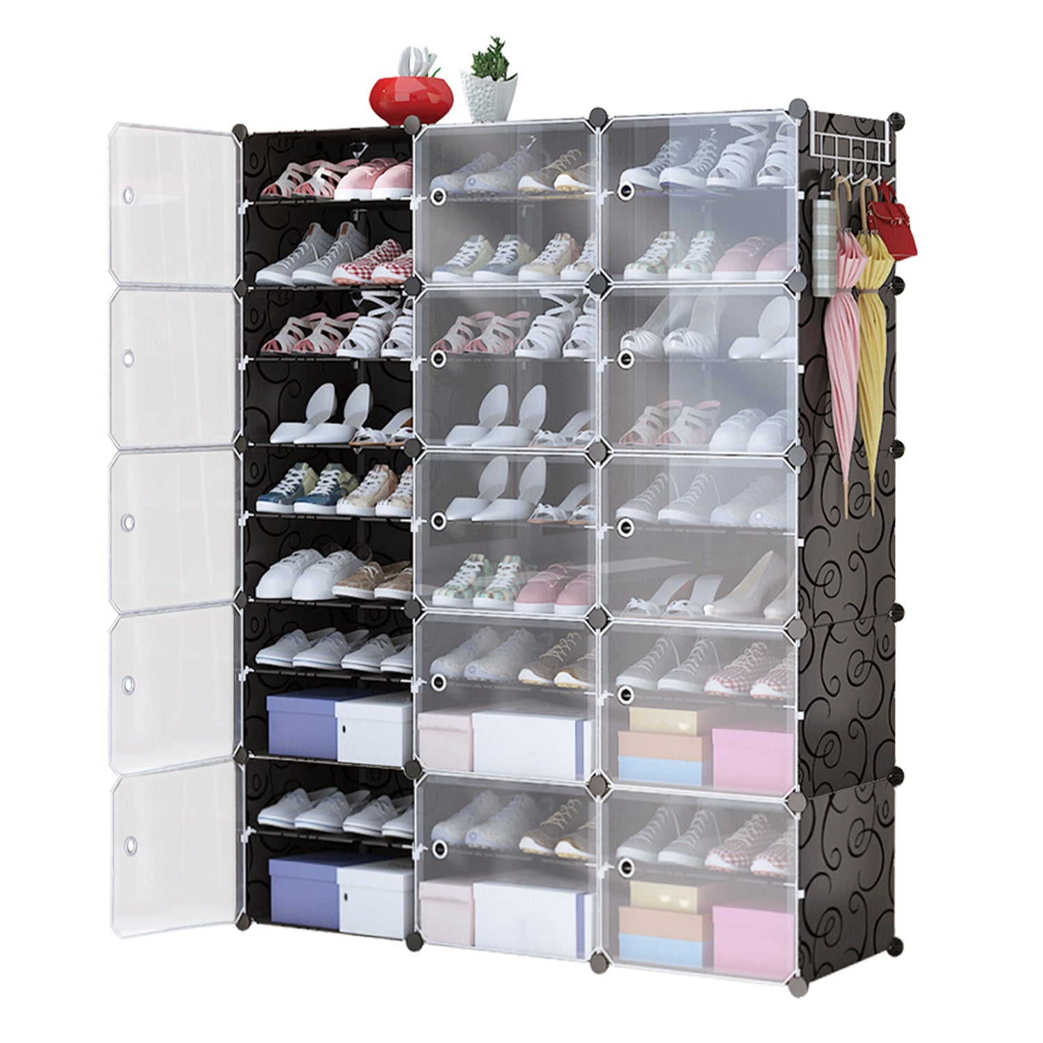 10-Tier 3-Row Shoe Rack Organizer Stackable Free Standing Shoe Storage Shelf Plastic Shoe Cabinet Tower with Transparent Doors for Heels Boots Slipper