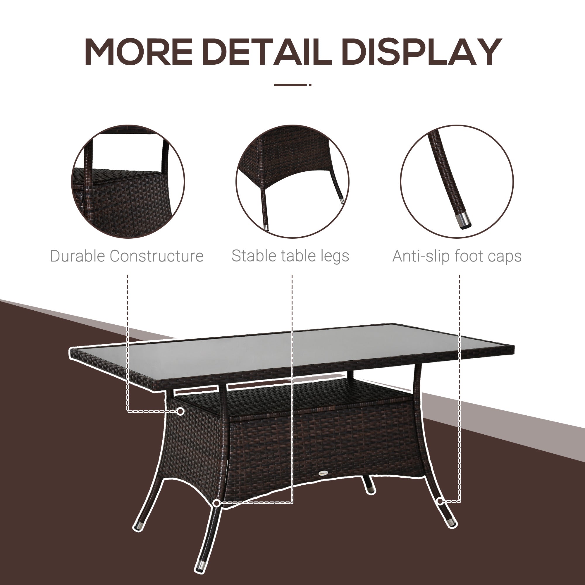 Outsunny Patio Rattan Dining Table with Glass Top Storage Shelf Yard Furniture 59"x34"x29" Brown