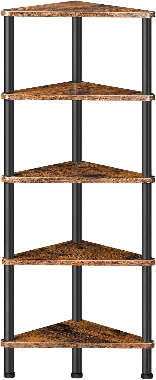 HOOBRO 5-Tier Corner Shelf, Industrial Corner Bookshelf & Plant Stand for Small Spaces, Rustic Brown & Black