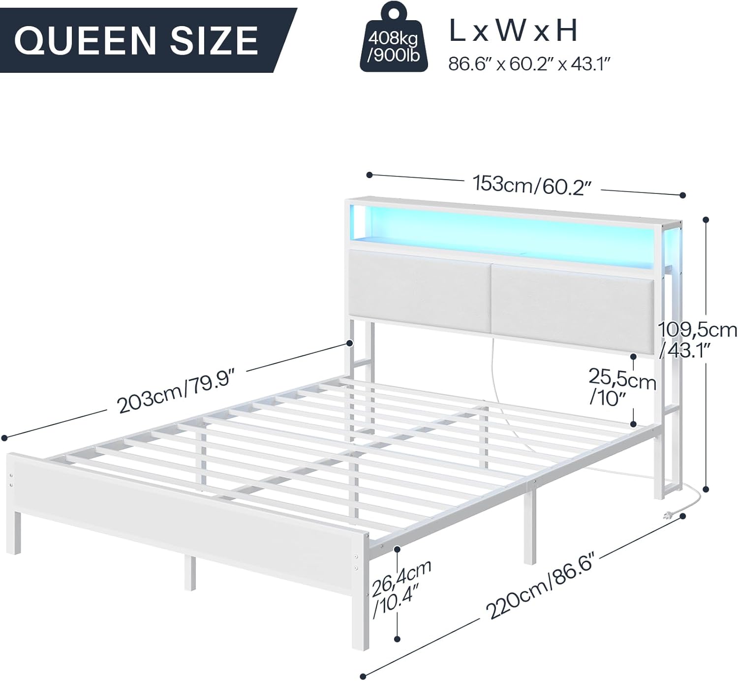 HOOBRO Queen Bed Frame with Charging Station, Storage Headboard & 16-Color LED Lights, White