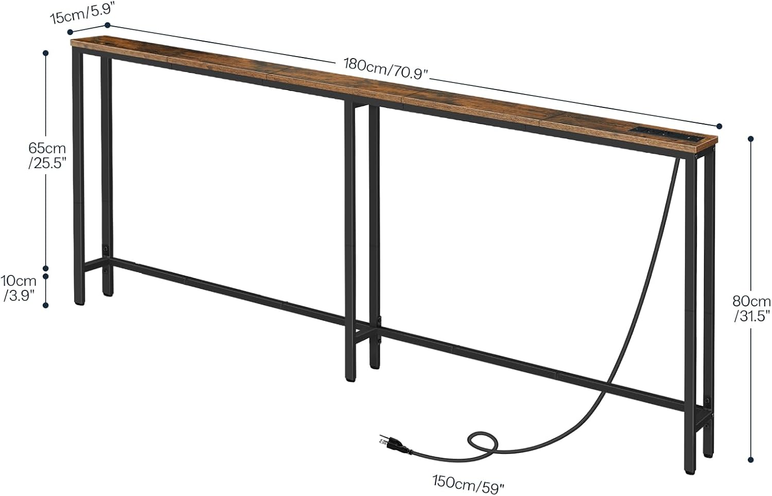 HOOBRO 70.9" Skinny Console Table with Charging Station, Narrow Sofa Table with USB & Type-C Ports, Rustic Brown