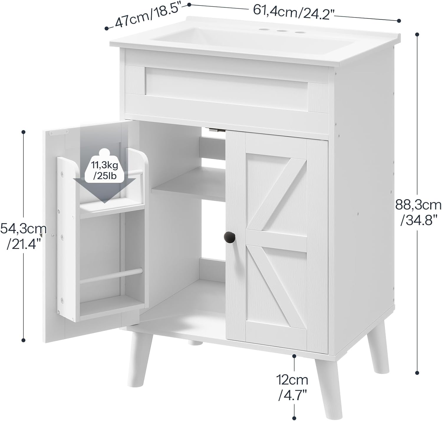 HOOBRO 24.2-Inch Bathroom Vanity with Ceramic Sink, Farmhouse Bathroom Cabinet with 2 Doors, White