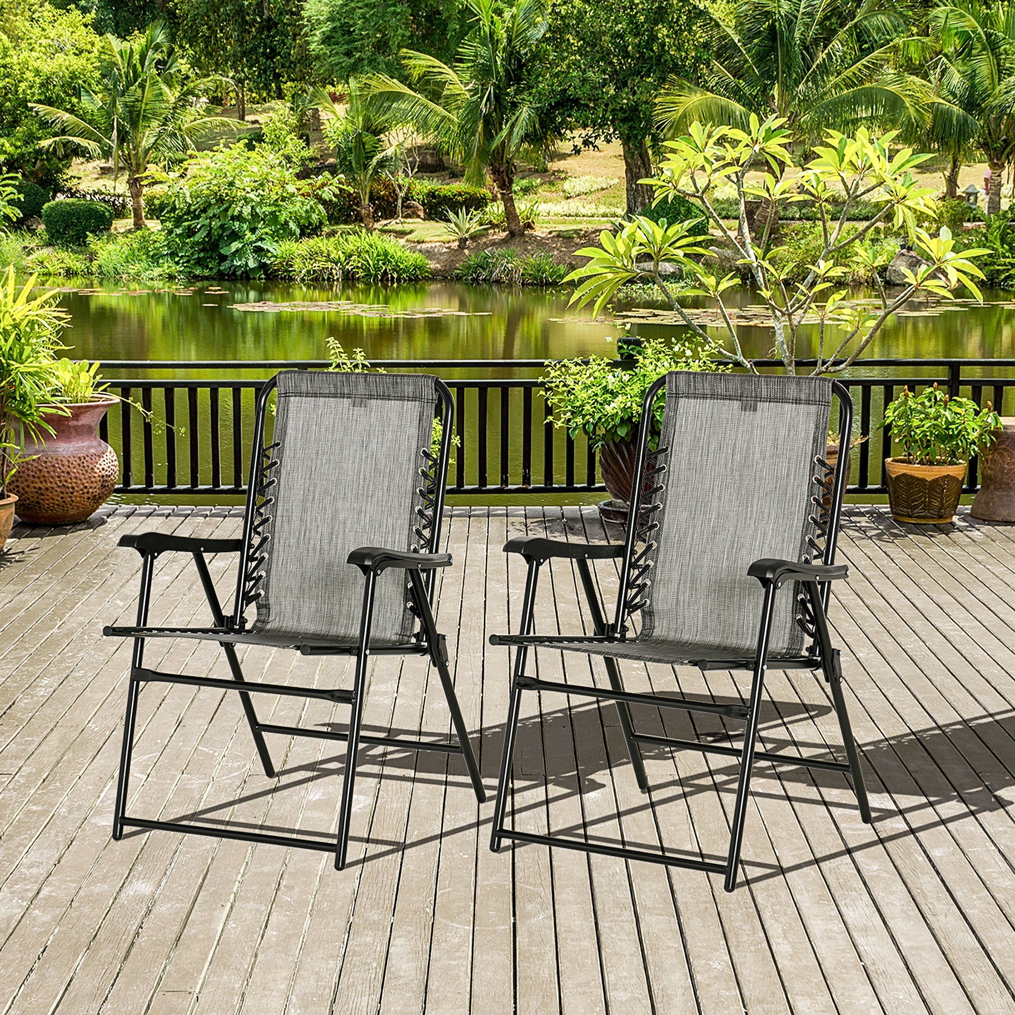 Outsunny Portable Patio Perfection: Folding Chairs 2pc Set with Armrests, Outdoor Camping, Garden, Beach Seating in Grey