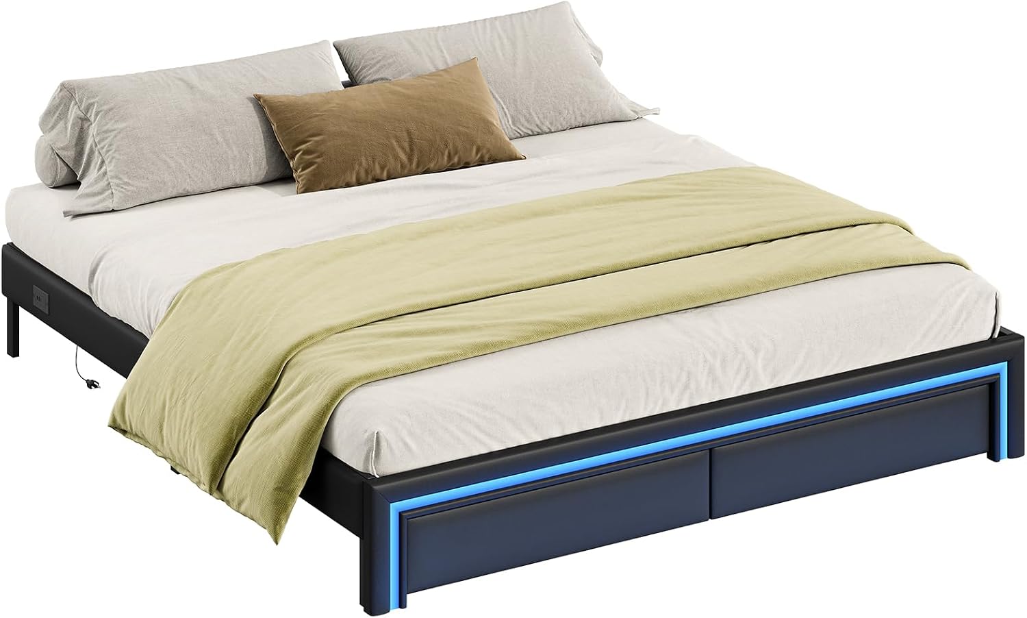 HOOBRO King Size Upholstered Metal Bed Frame with LED Light Strip, Charging Station & 2 Storage Drawers, Black BB42UDBF01