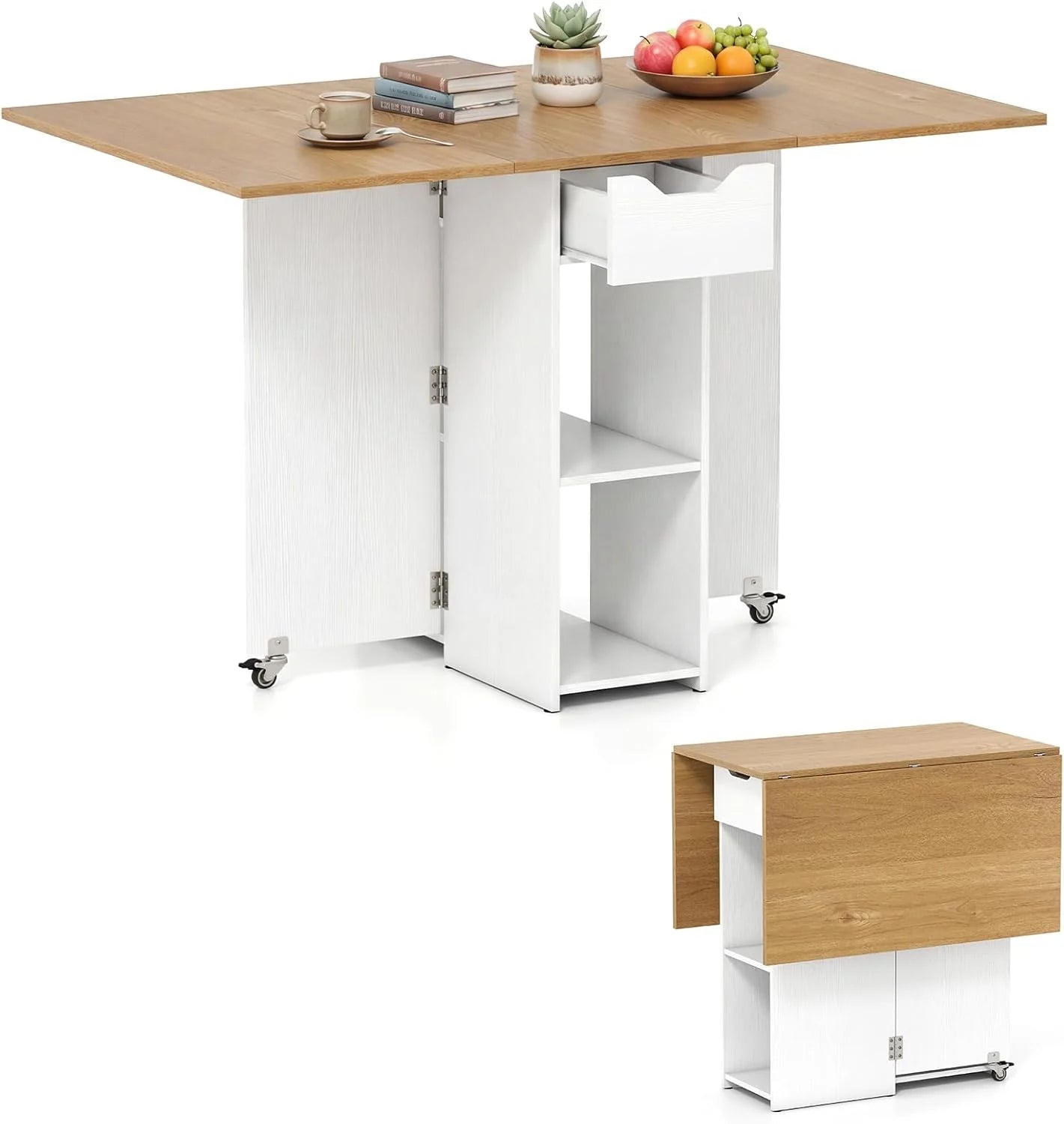 47.5" Folding Dining Table with Storage Shelf & Drawer | 3-in-1 Drop Leaf Table