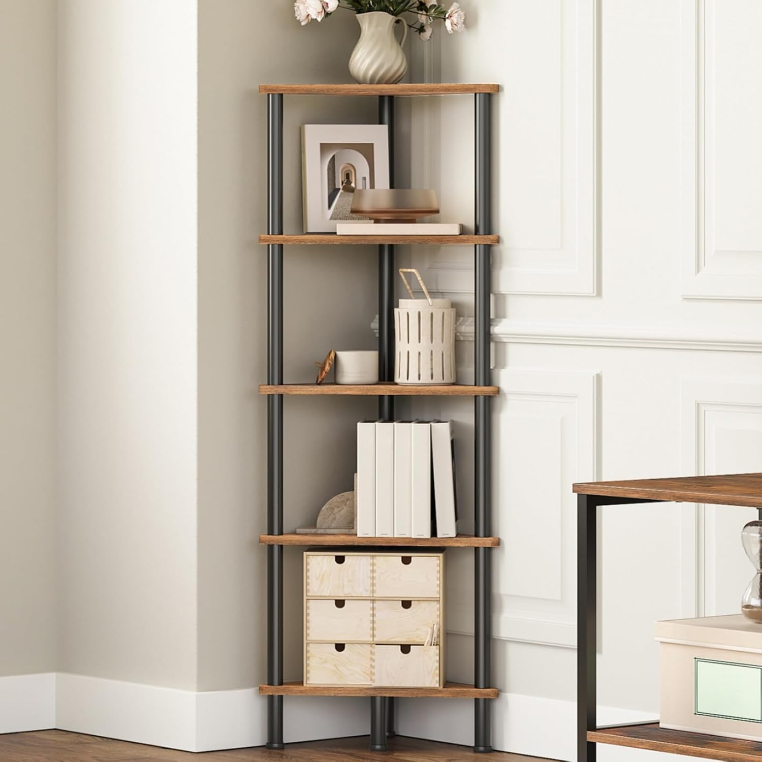 HOOBRO 5-Tier Corner Shelf, Industrial Corner Bookshelf & Plant Stand for Small Spaces, Rustic Brown & Black