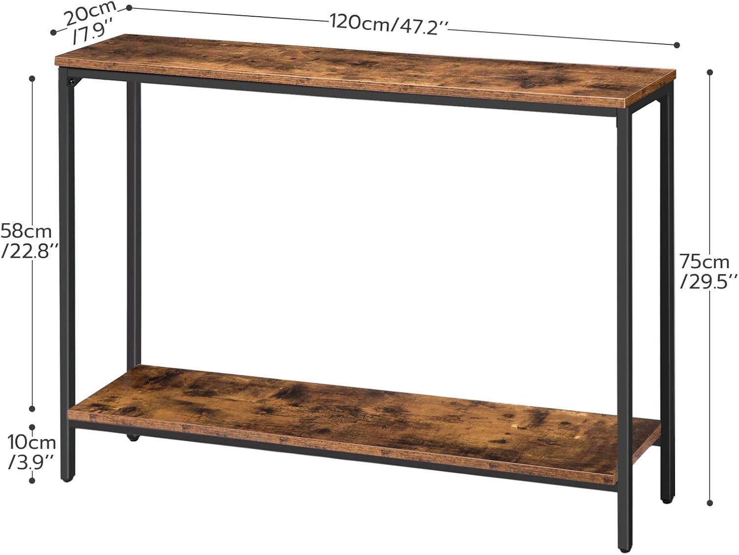HOOBRO 120 cm Narrow Console Table with Storage Shelf, Industrial Sofa Table for Entryway, Hallway & Living Room, Rustic Brown BF20XG01G1