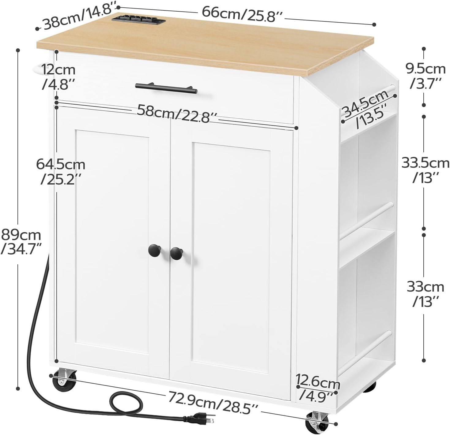 HOOBRO Kitchen Island Cart with Power Outlet, Rolling Kitchen Storage Cabinet with Drawer, Spice Rack & Adjustable Shelf, White & Natural