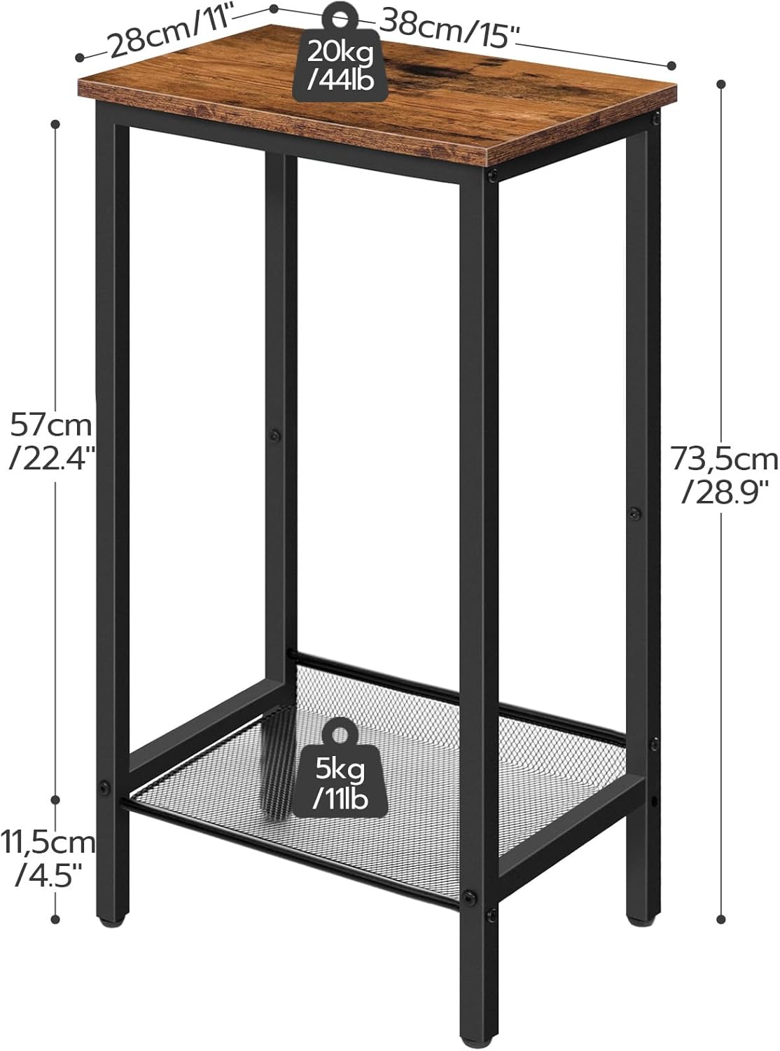HOOBRO Tall Industrial Side Table BF03DH01 with Adjustable Mesh Shelves, Rustic Brown & Black