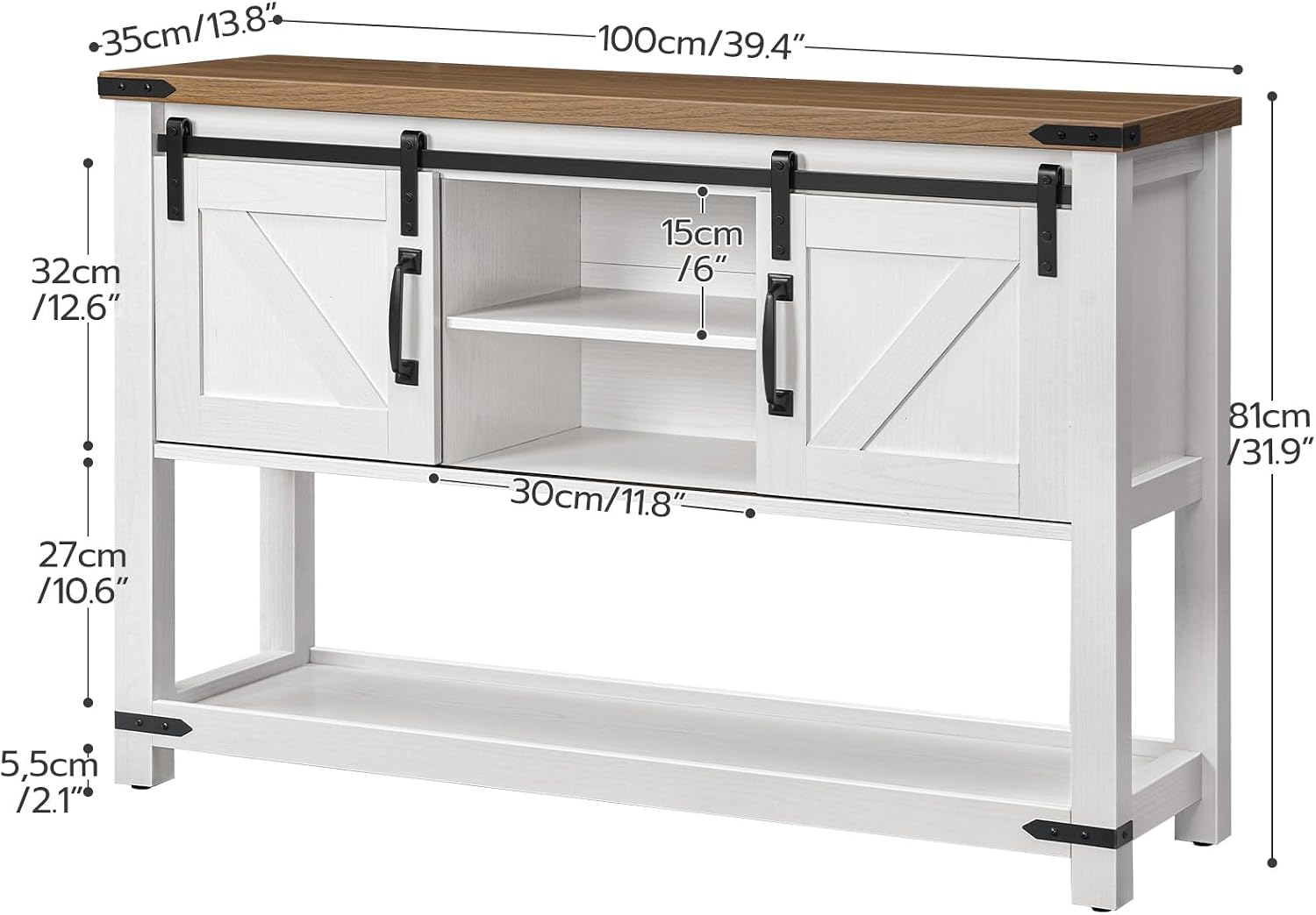 HOOBRO 39.4" Farmhouse Console Table with Sliding Barn Doors, Storage Cabinets & Open Shelf, White & Walnut