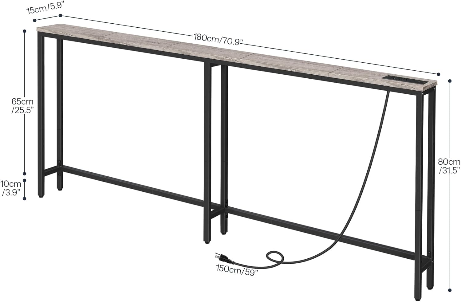 HOOBRO 180 cm Skinny Console Table with Charging Station, Narrow Sofa Table with Power Outlets, Slim Entryway Table, Greige & Black BG185UXG01G1