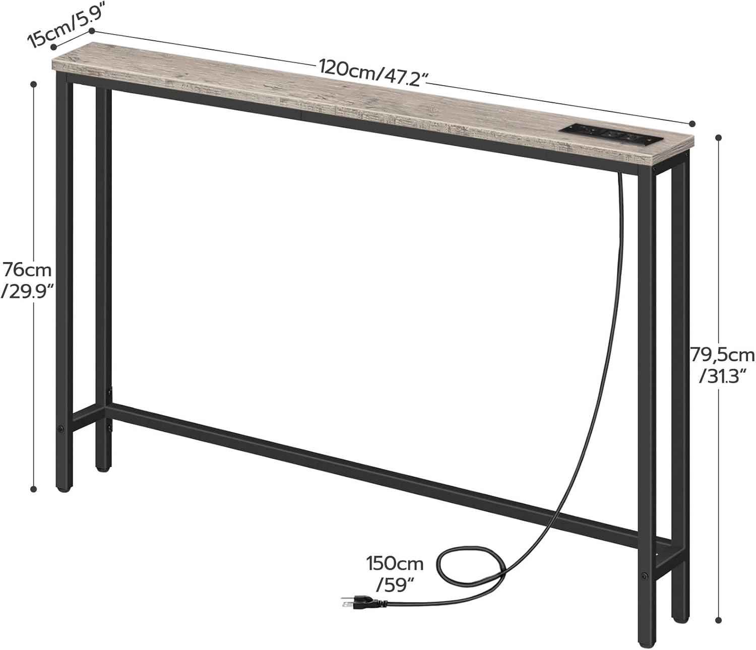 HOOBRO 120 cm Narrow Console Table with Power Outlets, Skinny Behind Couch Table with USB & Type-C Charging Station, Greige BG15XG01G1