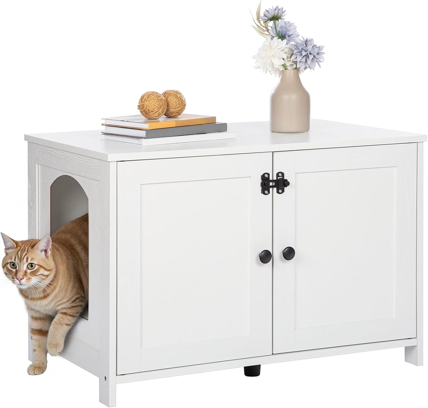 HOOBRO Cat Litter Box Enclosure Furniture, Hidden Cat Washroom with Divider, Pet House End Table, White