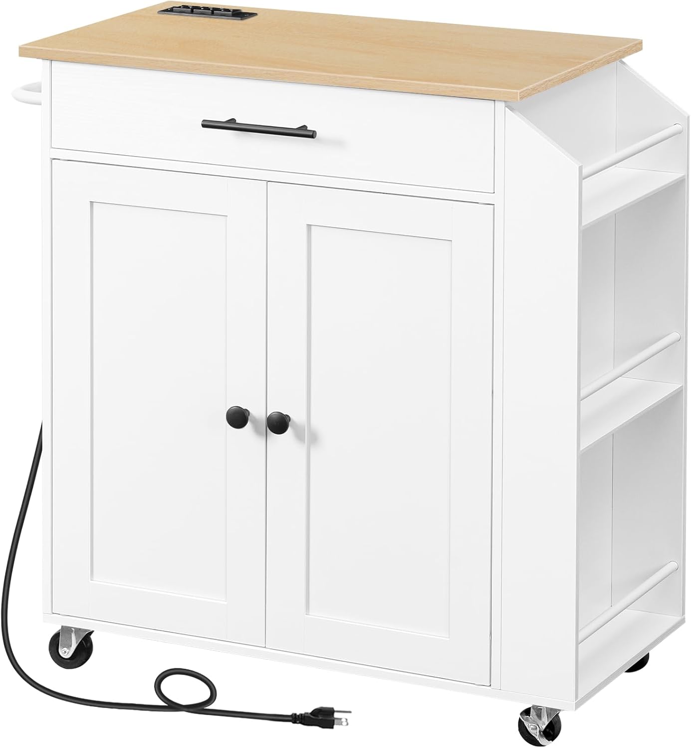 HOOBRO Kitchen Island Cart with Power Outlet, Rolling Kitchen Storage Cabinet with Drawer, Spice Rack & Adjustable Shelf, White & Natural