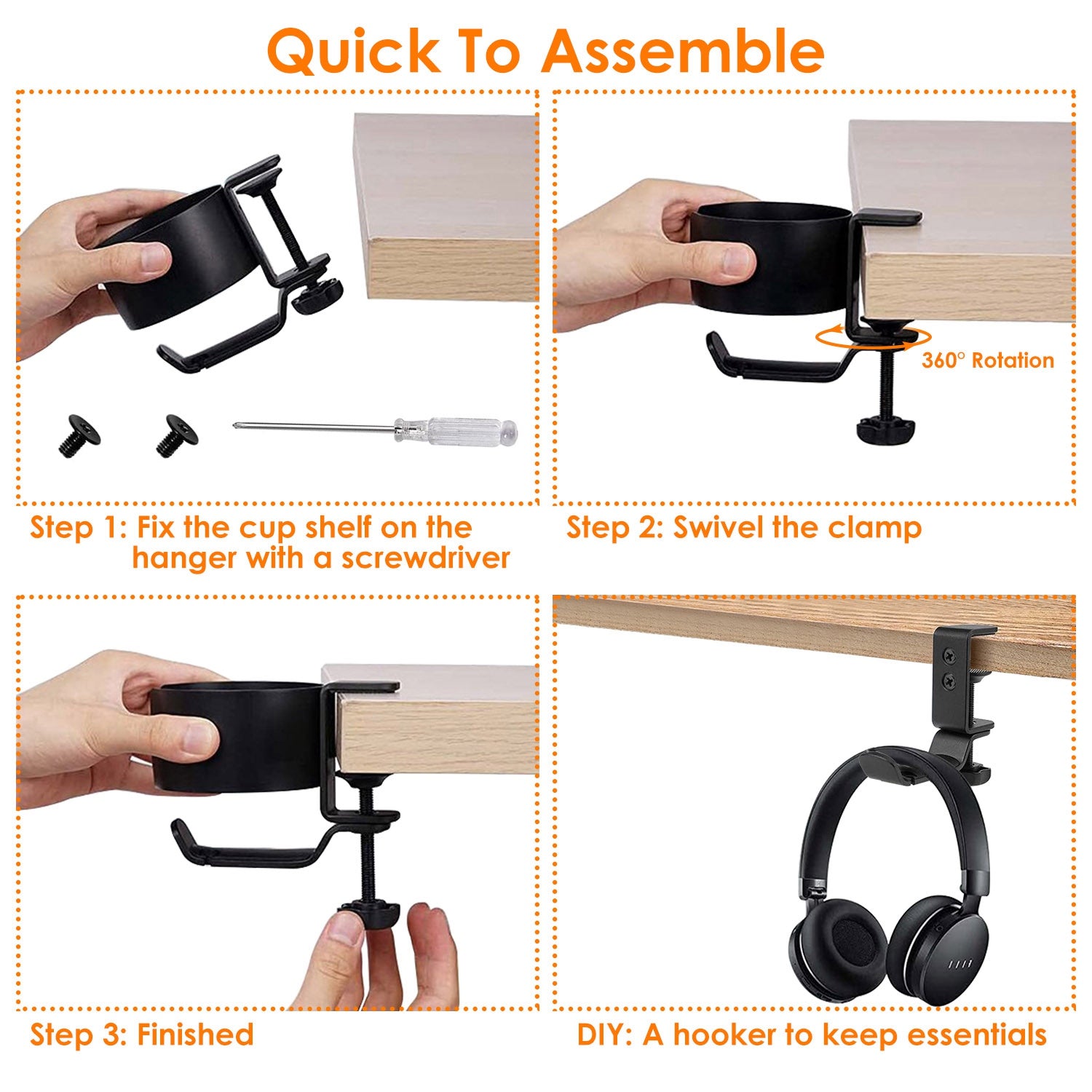 Desk Cup Holder 2-In-1 Anti-spill Cup Holder with 360° Rotating Headphone Hanger Desk Space Saver for Office Home