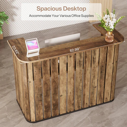 Reception Desk 63" U-Shaped Front Desk with Counter Two-Tier Workspace Slatted Panel Modern Office Retail Counter Rustic Brown