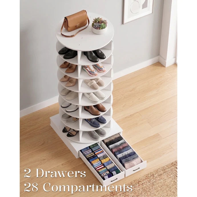 AECOJOY 8-Tier Rotating Shoe Rack with 2 Drawers & 4 Lockable Casters
