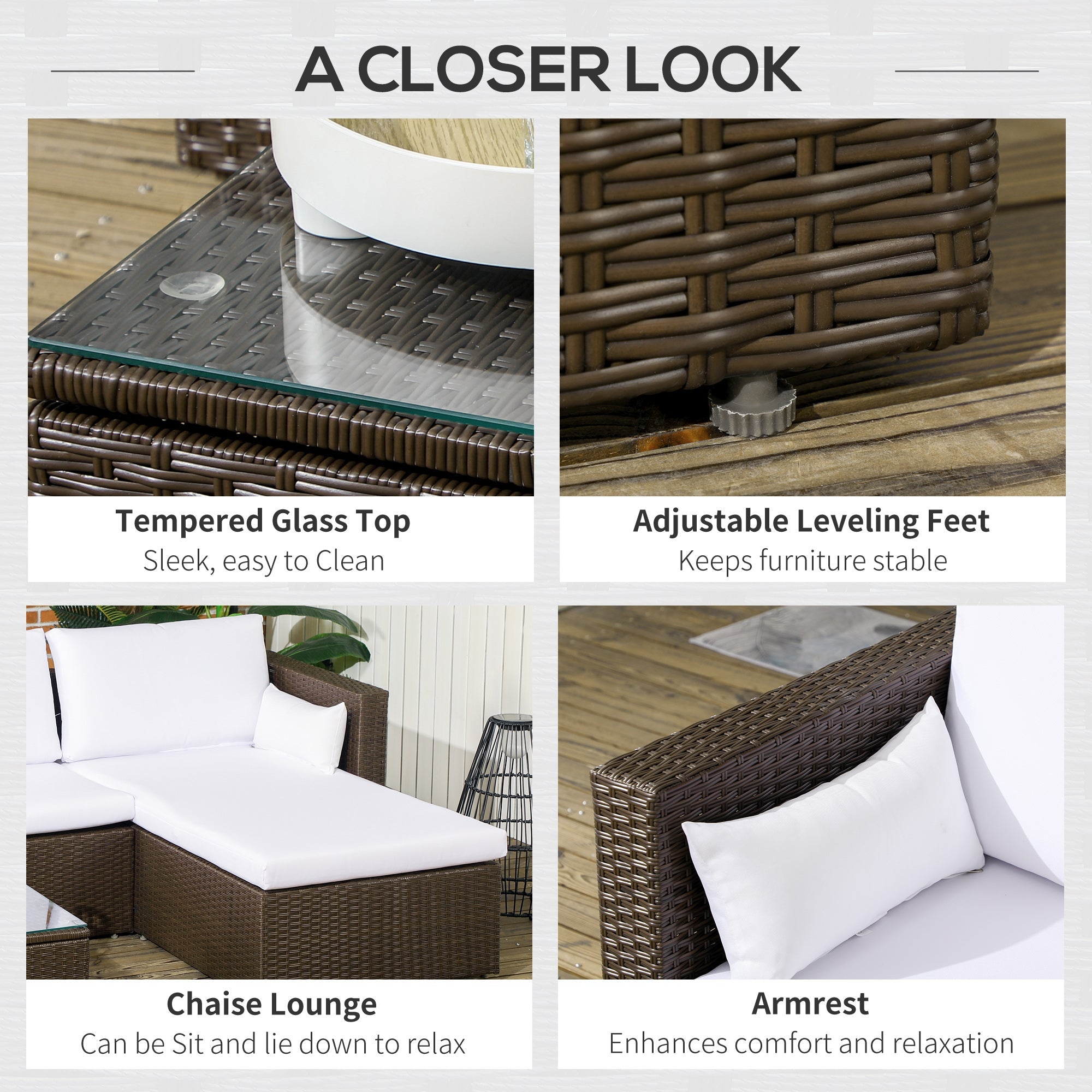 Outsunny 3pcs Modern Rattan Sofa Set, Wicker Patio Furniture Set with Coffee Table, Cushions, Pillows