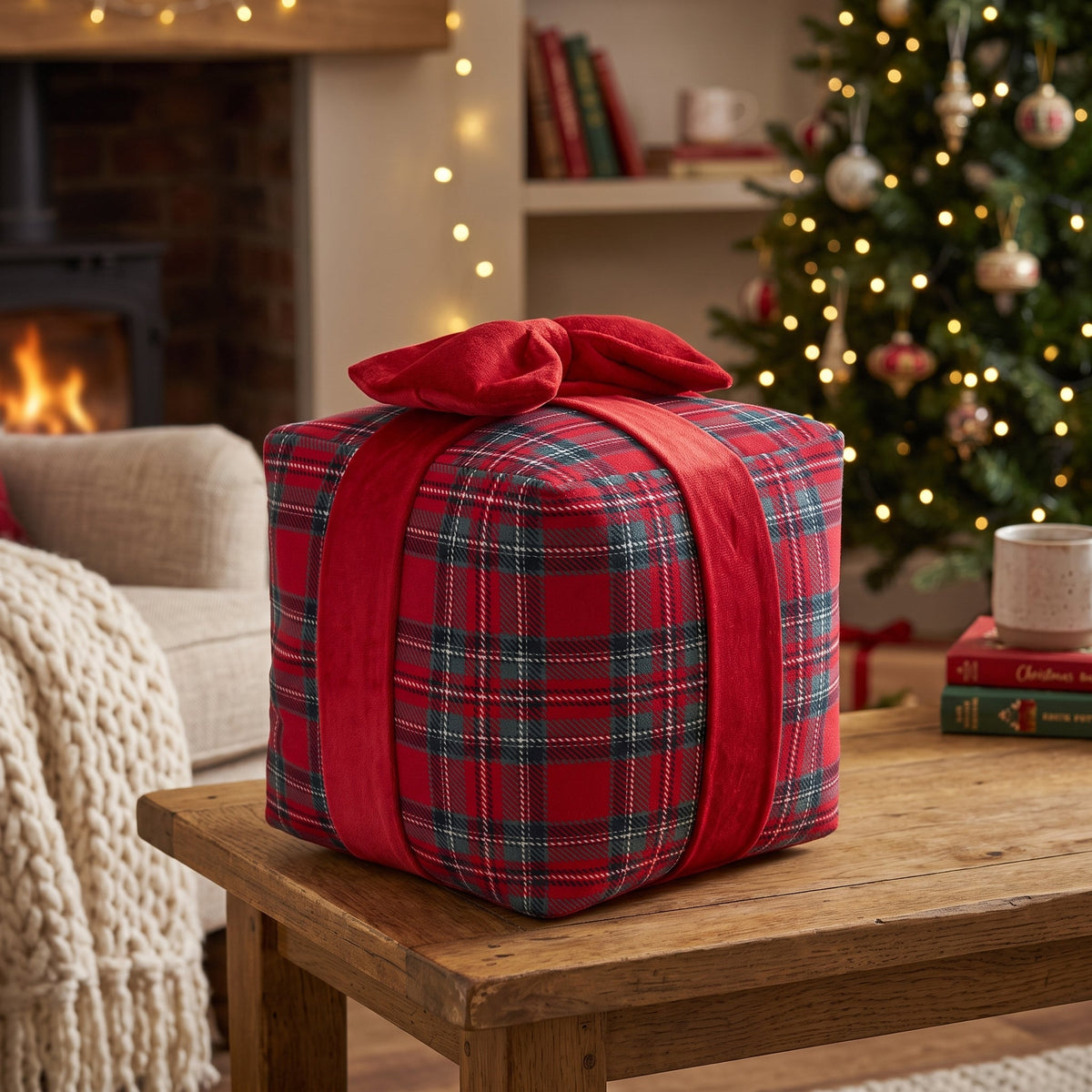 Christmas Pillow, 3D Gift Box Shape, Red Tartan with Bow, 10 x 10 in